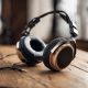 A pair of headphones resting on a wooden table